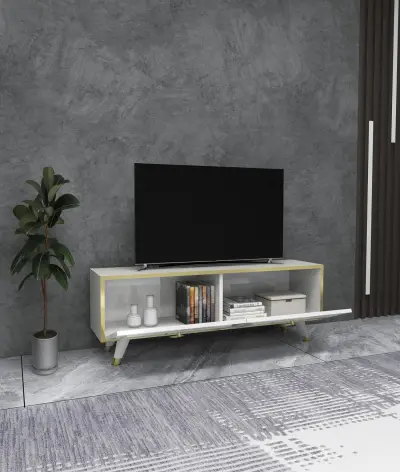 Romens 120 cm Wide TV Stand and Media Console with Cabinets - White / Gold Band