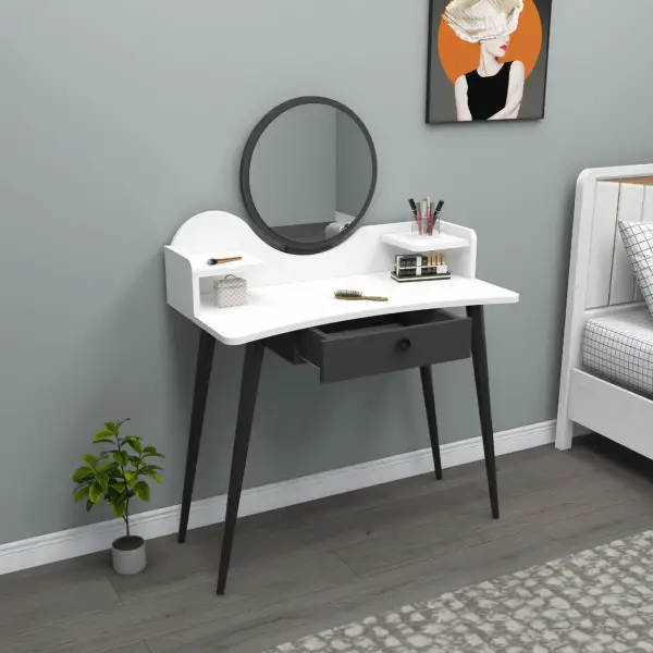 Ambrose Makeup Vanity Table with Mirror - White / Anthracite