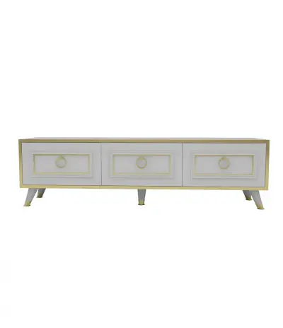 Romens 150 cm Wide TV Stand and Media Console with Cabinets - White / Gold Band 