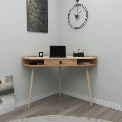 Homer Corner Computer Desk with Drawer and Shelves - Light Walnut / Beige