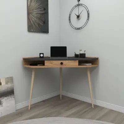 Homer Corner Computer Desk with Drawer and Shelves - Atlantic Pine / Anthracite