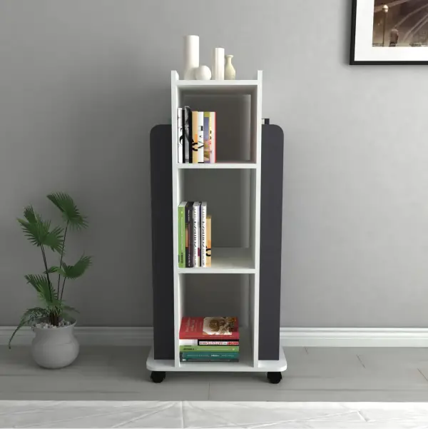 Dorian Bookcase with Shelves and Wheels - White / Dark Grey