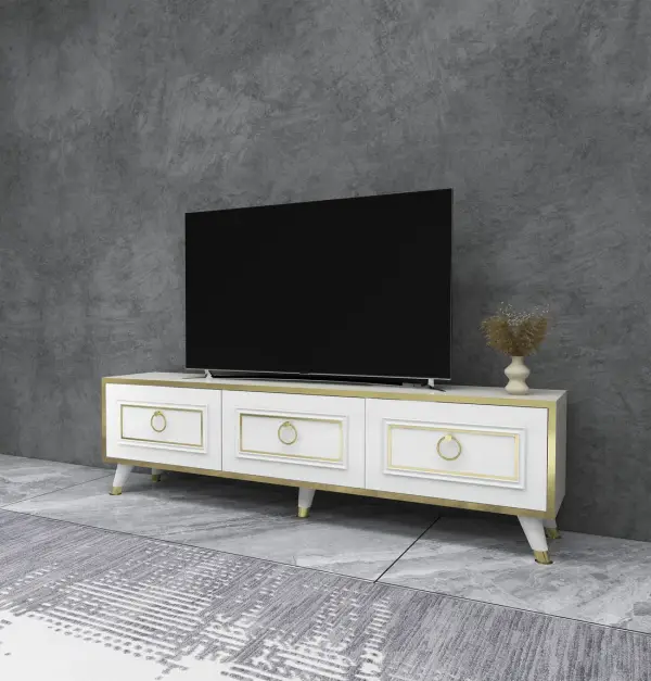 Romens 150 cm Wide TV Stand and Media Console with Cabinets - White / Gold Band 