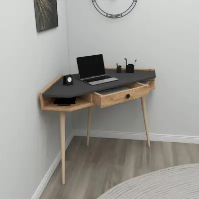 Homer Corner Computer Desk with Drawer and Shelves - Atlantic Pine / Anthracite