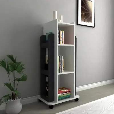 Dorian Bookcase with Shelves and Wheels - White / Dark Grey