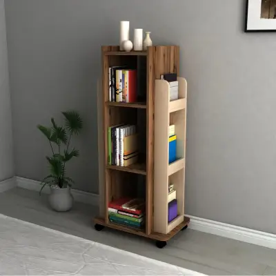 Dorian Bookcase with Shelves and Wheels - Light Walnut / Beige