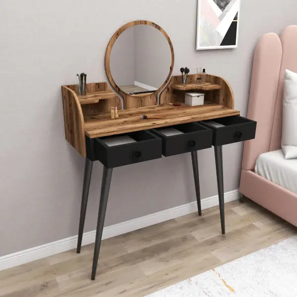 Belem Makeup Vanity Table with Mirror - Light Walnut / Black