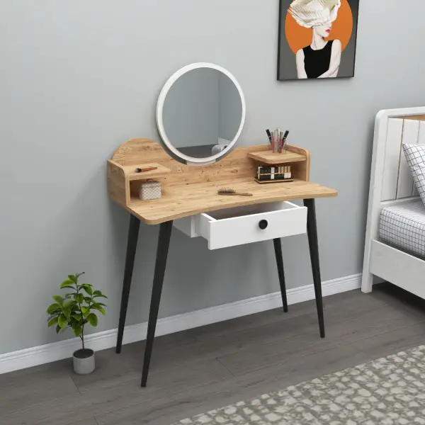 Ambrose Makeup Vanity Table with Mirror - Atlantic Pine / White