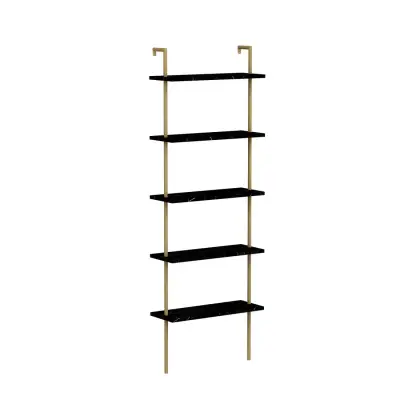 Willis 5-Tier Manufactured Wood Metal Ladder Bookcase - Black Marble Effect / Gold