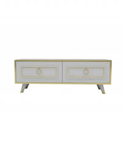 Romens 120 cm Wide TV Stand and Media Console with Cabinets - White / Gold Band