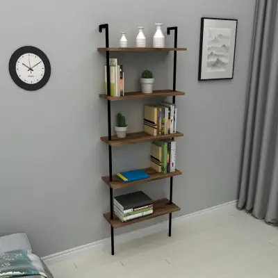 Willis 5-Tier Manufactured Wood Metal Ladder Bookcase - Light Walnut / Black