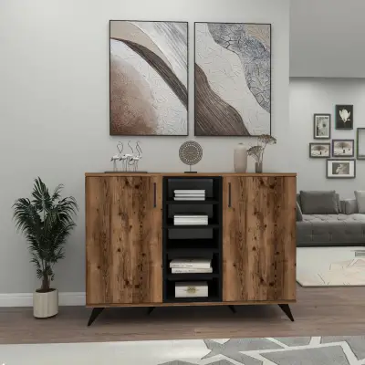 Octavia Sideboard with Cabinets and Shelves - Light Walnut / Black