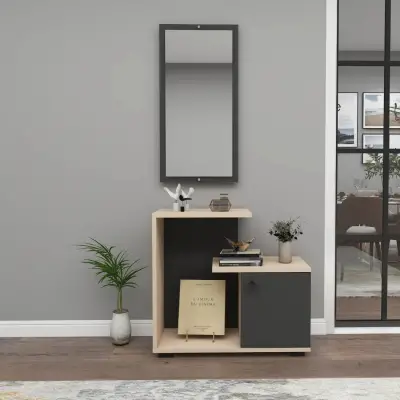 Ales Dresuar Console Table with Cabinet, Shelves and Mirror -Anthracite / Beige