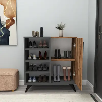 Fiona Shoe Storage Shelf with Cabinet - Light Walnut / Anhtacite