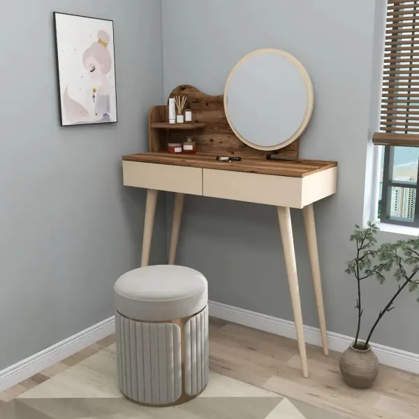 Aron Makeup Vanity Table with Mirror - Light Walnut / Beige