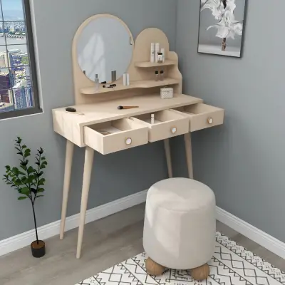 Vetone Makeup Vanity Table with Mirror - Beige