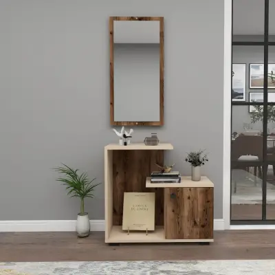 Ales Dresuar Console Table with Cabinet, Shelves and Mirror - Light Walnut / Beige