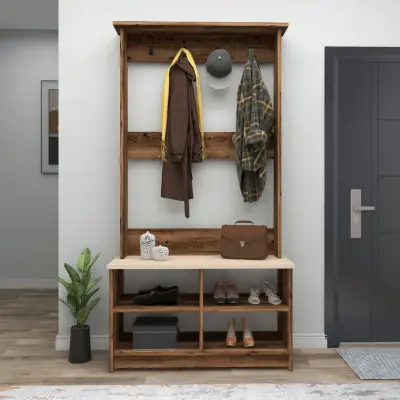 Amelia Hallway Coat Rack with Shelves - Light Walnut / Beige