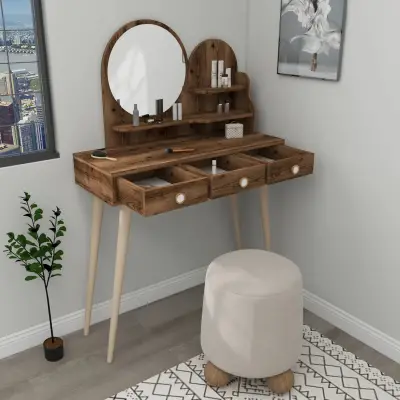 Vetone Makeup Vanity Table with Mirror -  Light Walnut