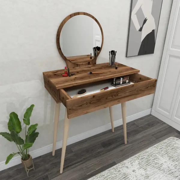 Novae Makeup Vanity Table with Mirror - Light Walnut 