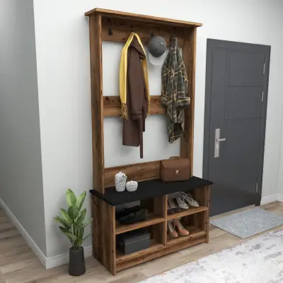 Amelia Hallway Coat Rack with Shelves - Light Walnut / Black