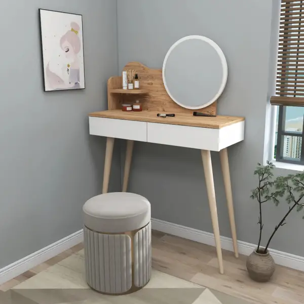 Aron Makeup Vanity Table with Mirror - Atlantic Pine / White