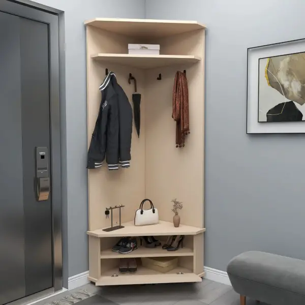 Reina Corner Hallway Coat Rack with Cabinet - Beige