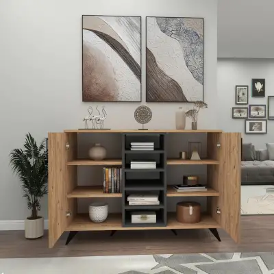 Octavia Sideboard with Cabinets and Shelves - Atlantic Pine / Anthracite