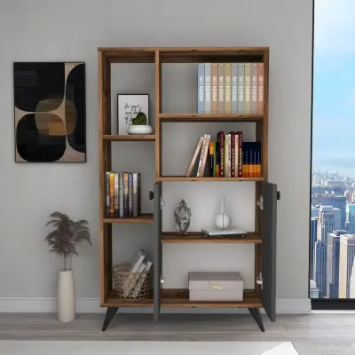 Melantha Bookcase with Cabinets and Shelves - Light Walnut / Anthracite