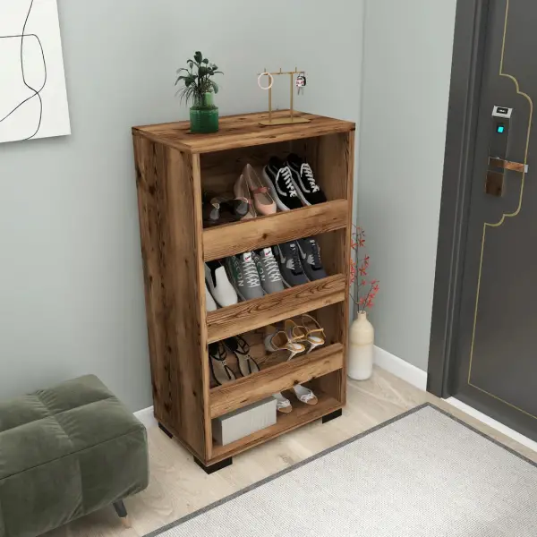 Leslie Shoe Storage Shelf with Cabinet - Light Walnut