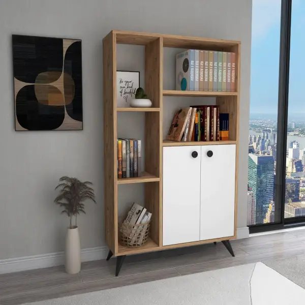 Melantha Bookcase with Cabinets and Shelves - Atlantic Pine / White