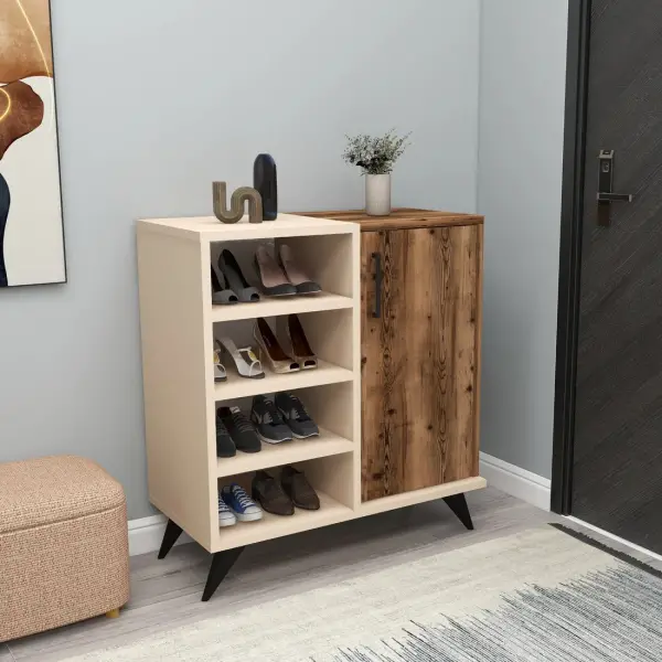 Fiona Shoe Storage Shelf with Cabinet - Light Walnut / Beige