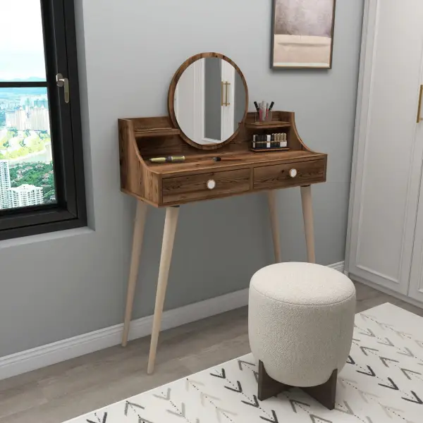 Risoma Makeup Vanity Table with Mirror - Light Walnut