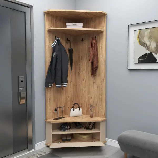 Reina Corner Hallway Coat Rack with Cabinet - Atlantic Pine / Beige