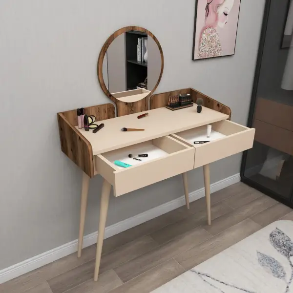 Burim Makeup Vanity Table with Mirror - Light Walnut / Beige