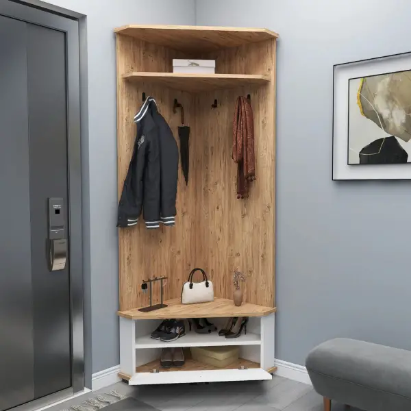 Reina Corner Hallway Coat Rack with Cabinet - Atlantic Pine / White