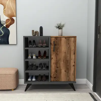 Fiona Shoe Storage Shelf with Cabinet - Light Walnut / Anhtacite