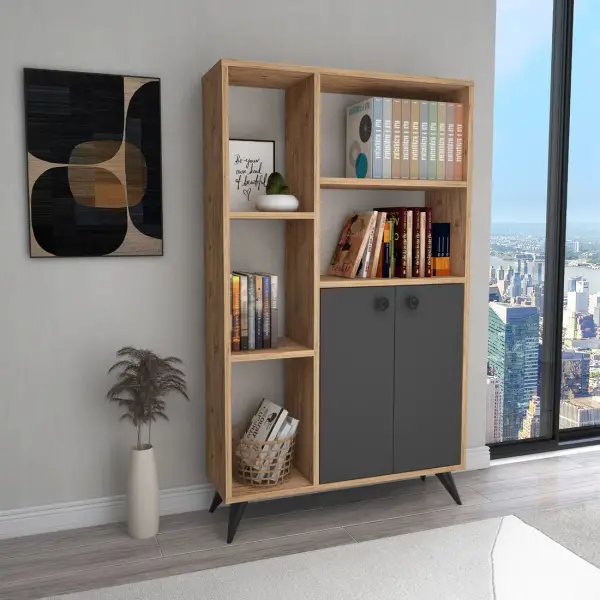 Melantha Bookcase with Cabinets and Shelves - Atlantic Pine / Anthracite