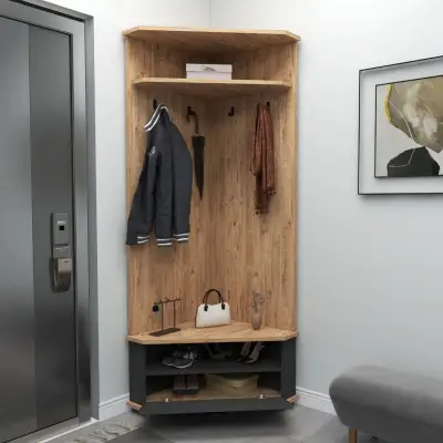 Reina Corner Hallway Coat Rack with Cabinet - Atlantic Pine / Anthracite