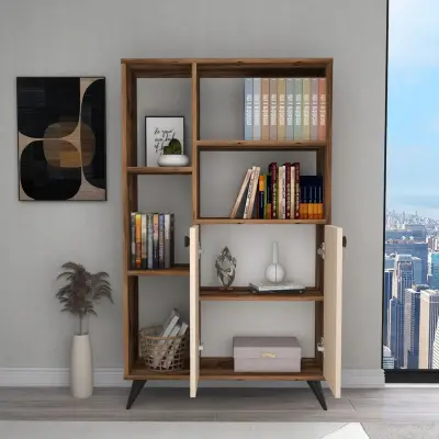 Melantha Bookcase with Cabinets and Shelves - Light Walnut / Beige