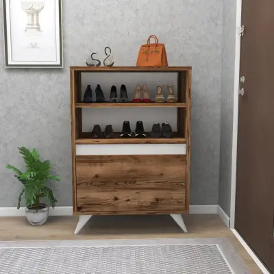 Pavlos Shoe Storage Shelf with Cabinet - Light Walnut / White