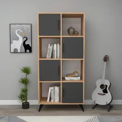 Nyx Bookcase with Cabinets and Shelves - Atlantic Pine / Anthracite