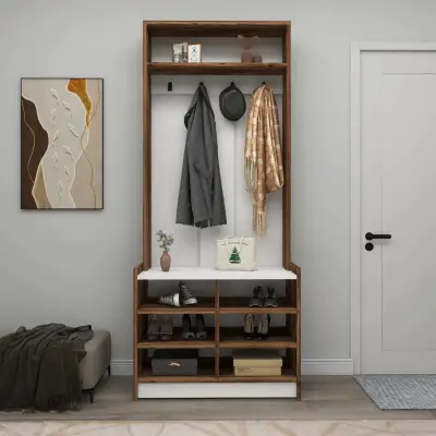 Edrice Hallway Coat Rack with Shelves - Light Walnut / White