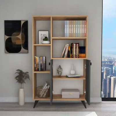 Melantha Bookcase with Cabinets and Shelves - Atlantic Pine / Anthracite