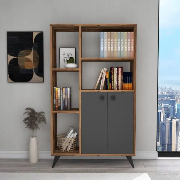 Melantha Bookcase with Cabinets and Shelves - Light Walnut / Anthracite