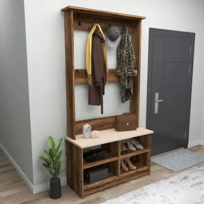 Amelia Hallway Coat Rack with Shelves - Light Walnut / Beige