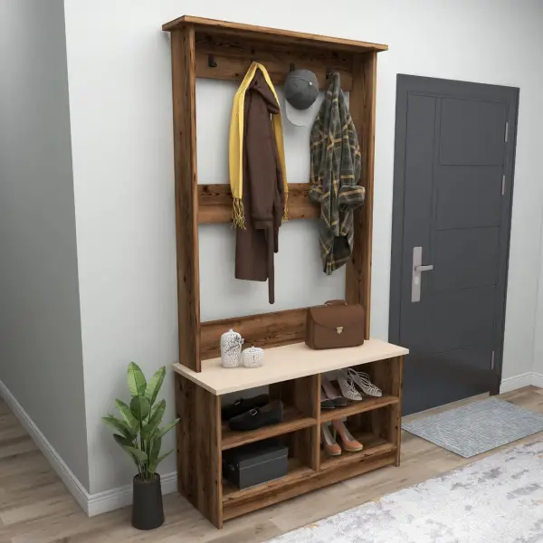 Amelia Hallway Coat Rack with Shelves - Light Walnut / Beige