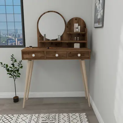 Vetone Makeup Vanity Table with Mirror -  Light Walnut