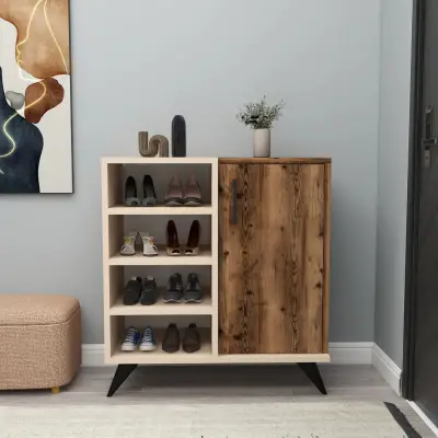 Fiona Shoe Storage Shelf with Cabinet - Light Walnut / Beige