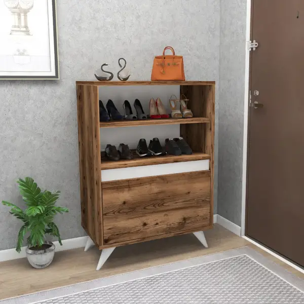 Pavlos Shoe Storage Shelf with Cabinet - Light Walnut / White